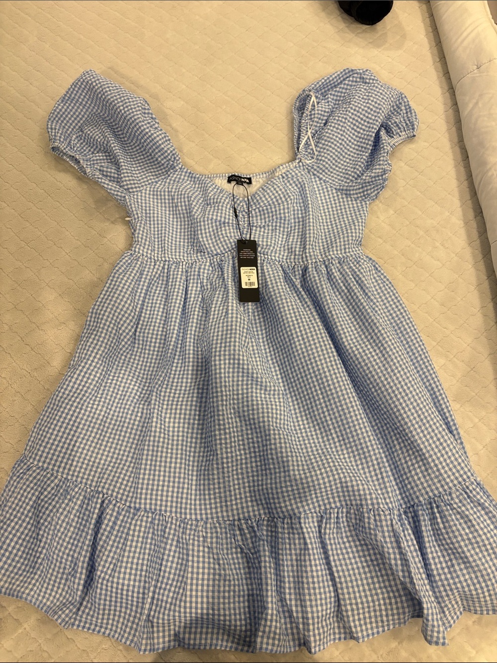 Fashion Nova Light Blue Gingham Puff-Sleeve Kids Dress
